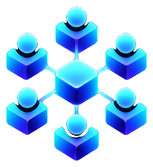 Roster: six glowing operator seats linked to one central cube