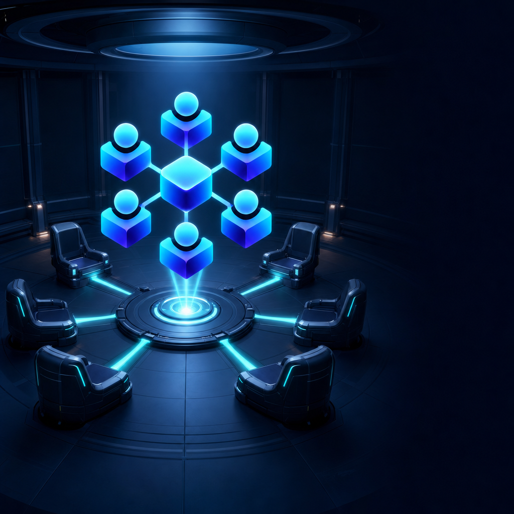 The Roster network hovering over a circular console ringed by six empty chairs